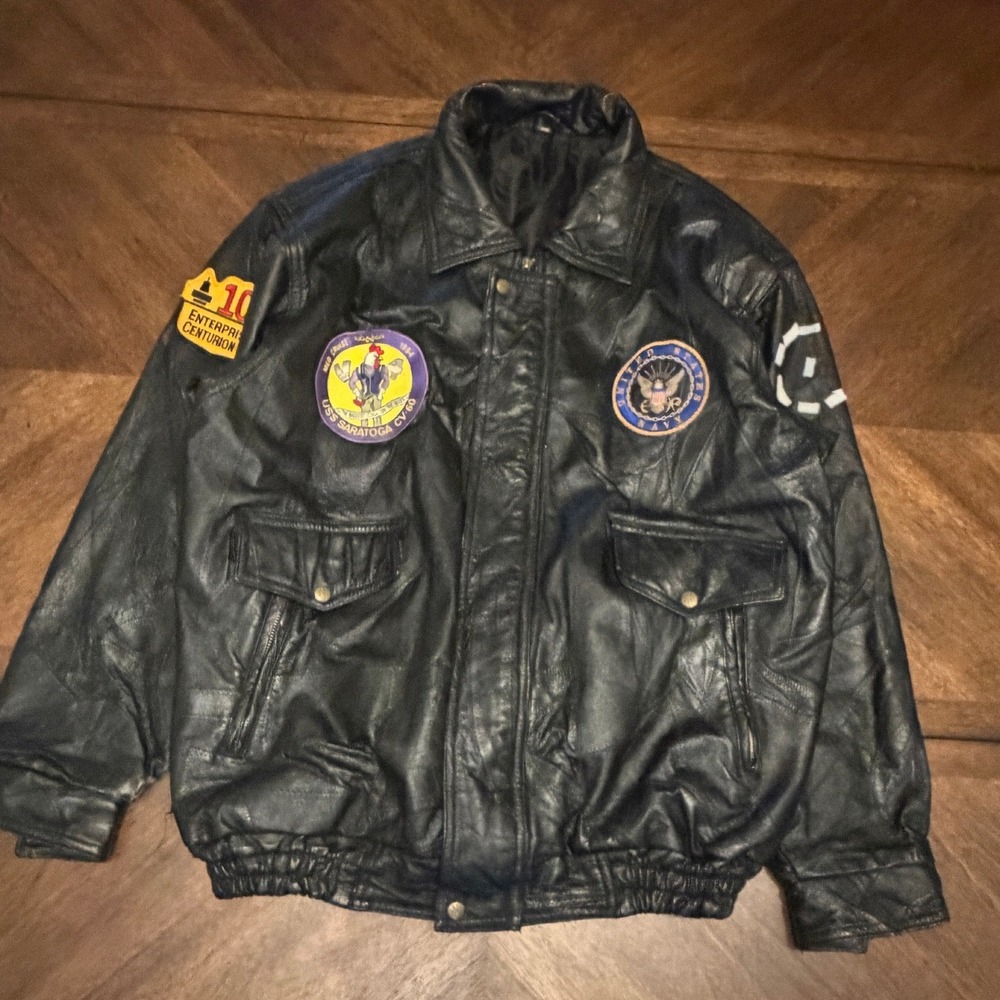 Vintage US Navy USS Saratoga Patchwork Leather Flight Bomber Jacket XXL Black